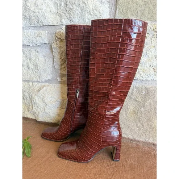 Sam Edelman RARE Raekel Croc-embossed Spiced Red Leather Block Heel Tall Boot 8M - Picture 5 of 11